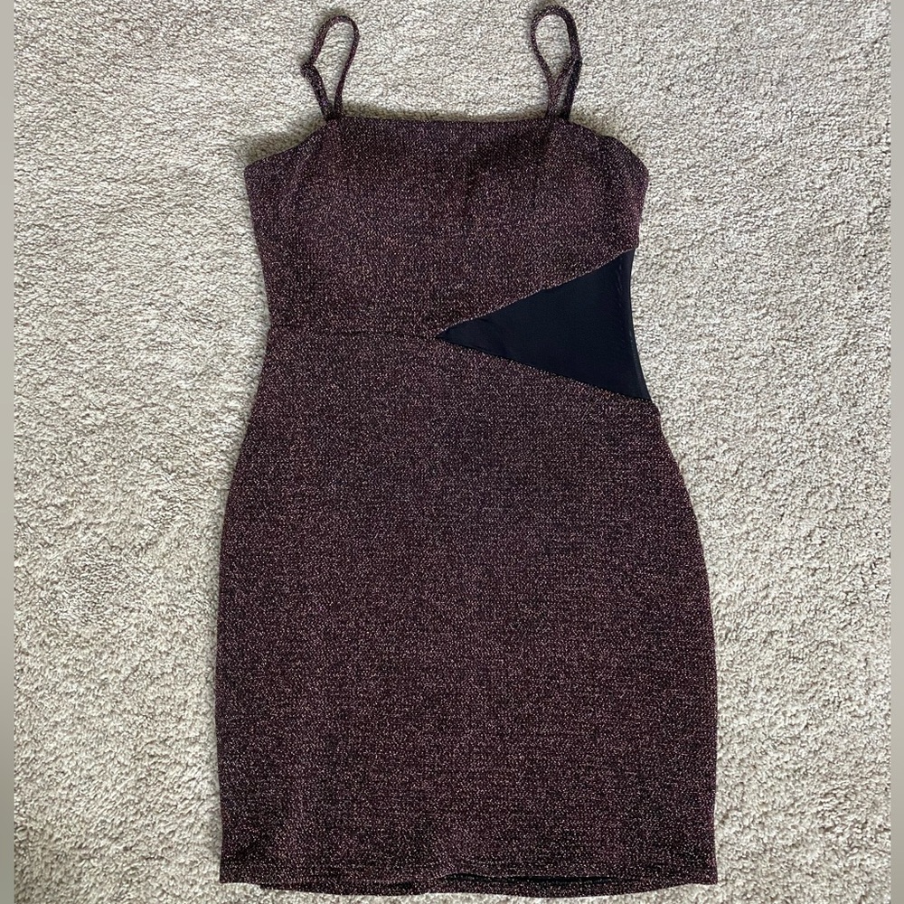 Trixxi Women’s Medium Bodycon Dress Gold Shimmer with Black Mesh Side cutout